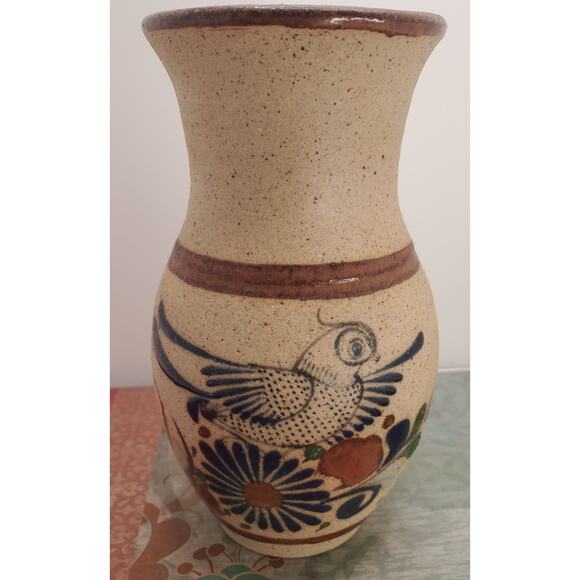 Tonala MEXICO MEXICAN Folk Art Pottery Sandstone Vase Blue BIRD 6” Tall - Picture 1 of 11